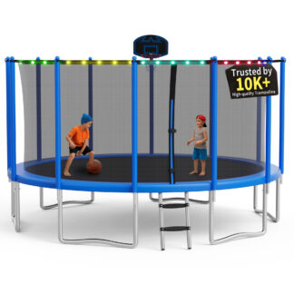 KOFUN 1500LBS 15FT Trampoline with Light, Heavy Duty Trampoline for Kids and Adults, Backyard Trampoline with Safety Enclosure Net, Basketball Hoop, 4 Anchor Kits, Ladder, A Ball, Blue