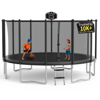 KOFUN 1500LBS 15FT Trampoline for Kids and Adults Outdoor Backyard Trampoline with Safety Enclosure Net, Basketball Hoop, 4 Anchor Kits, Ladder, A Ball, Black