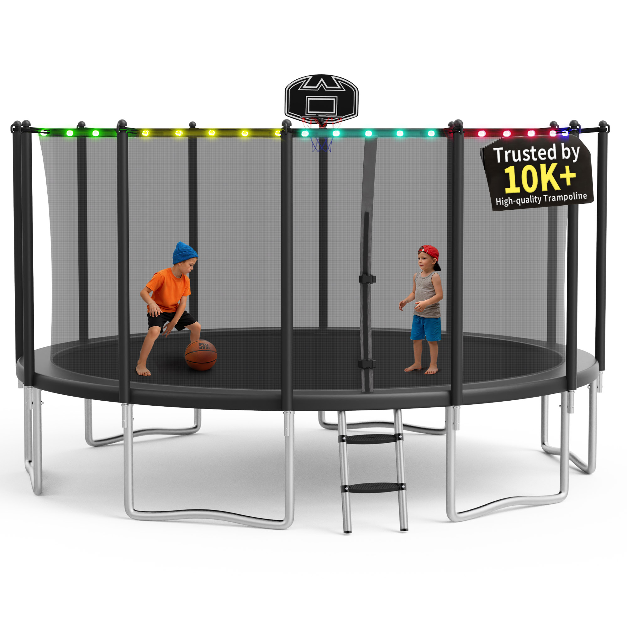 KOFUN 1500LBS 15FT Trampoline with Light, Heavy Duty Trampoline for Kids and Adults, Backyard Trampoline with Safety Enclosure Net, Basketball Hoop, 4 Anchor Kits, Ladder, A Ball, Black
