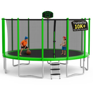 KOFUN 1500LBS 16FT Trampoline for Kids and Adults Outdoor Backyard Trampoline with Safety Enclosure Net, Basketball Hoop, 4 Anchor Kits, Ladder, A Ball, Green