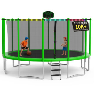 KOFUN 1500LBS 16FT Trampoline with Light, Heavy Duty Trampoline for Kids and Adults, Backyard Trampoline with Safety Enclosure Net, Basketball Hoop, 4 Anchor Kits, Ladder, A Ball, Green