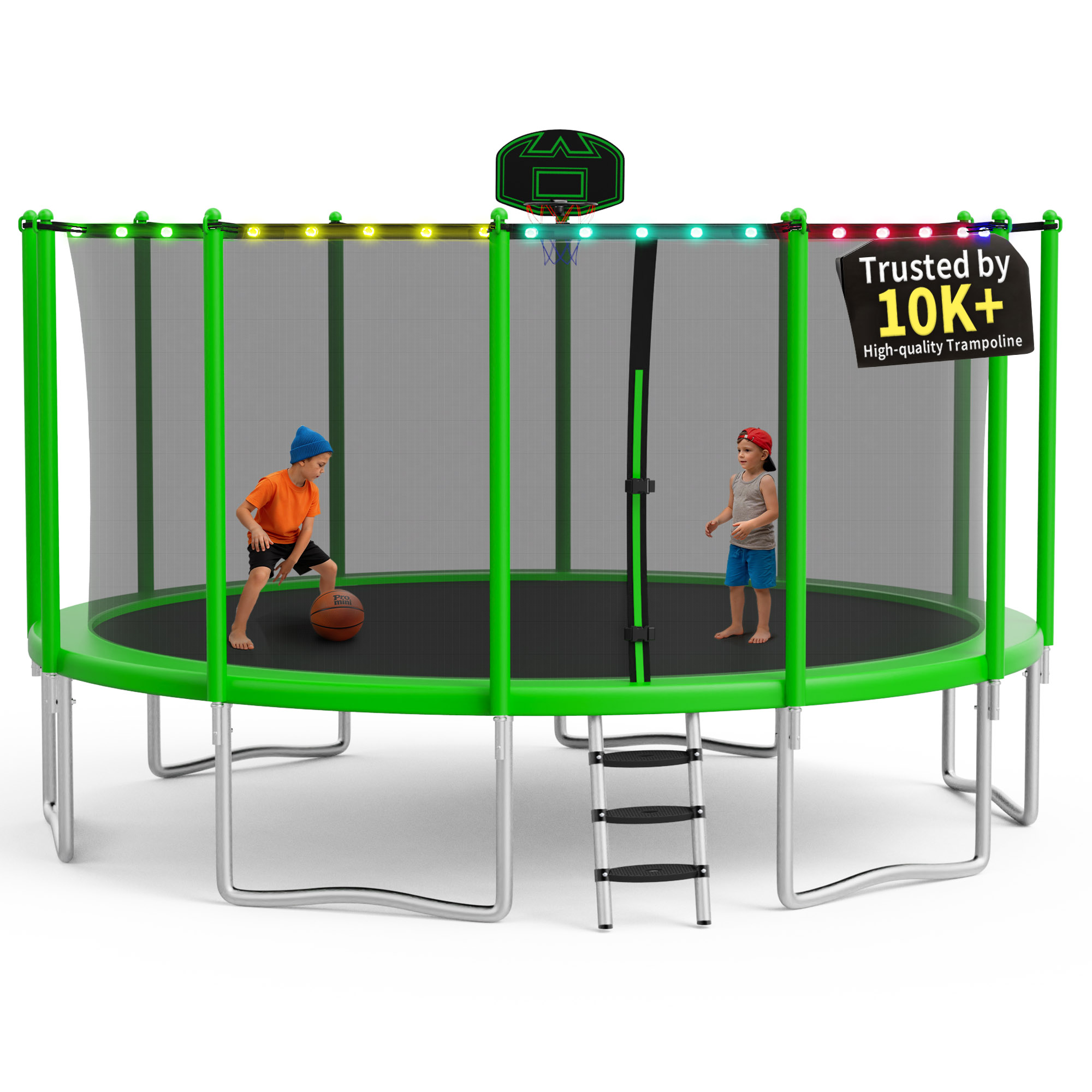 KOFUN 1500LBS 16FT Trampoline with Light, Heavy Duty Trampoline for Kids and Adults, Backyard Trampoline with Safety Enclosure Net, Basketball Hoop, 4 Anchor Kits, Ladder, A Ball, Green