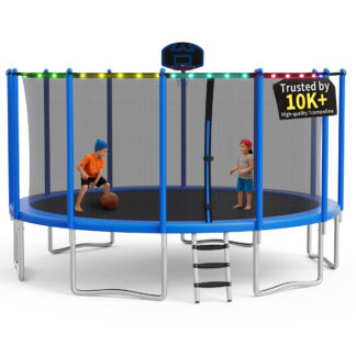 KOFUN 1500LBS 16FT Trampoline with Light, Heavy Duty Trampoline for Kids and Adults, Backyard Trampoline with Safety Enclosure Net, Basketball Hoop, 4 Anchor Kits, Ladder, A Ball, Blue