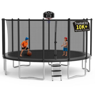 KOFUN 1500LBS 16FT Trampoline for Kids and Adults Outdoor Backyard Trampoline with Safety Enclosure Net, Basketball Hoop, 4 Anchor Kits, Ladder, A Ball, Black