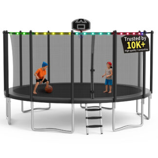 KOFUN 1500LBS 16FT Trampoline with Light, Heavy Duty Trampoline for Kids and Adults, Backyard Trampoline with Safety Enclosure Net, Basketball Hoop, 4 Anchor Kits, Ladder, A Ball, Black