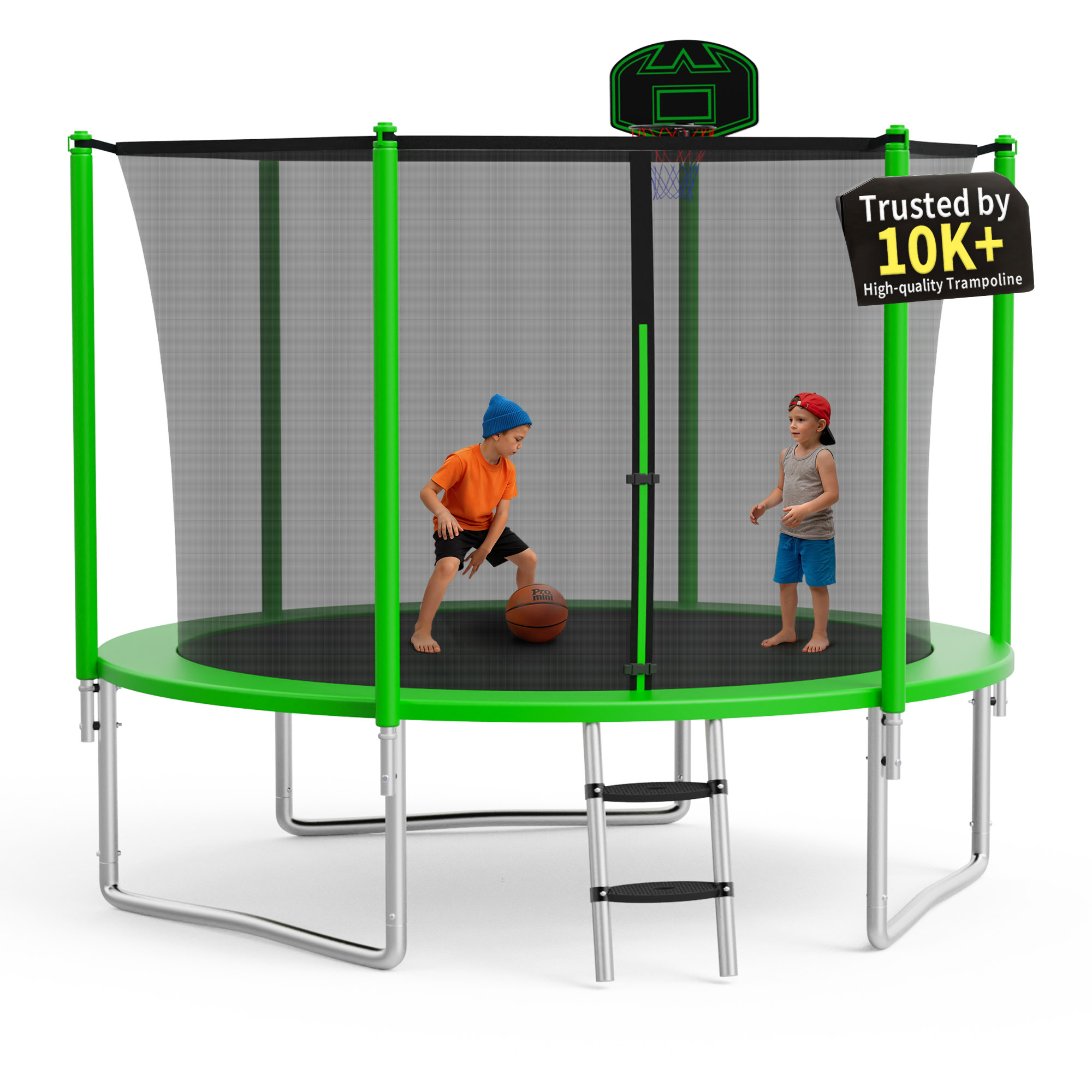 KOFUN 1000LBS 10FT Trampoline for Kids and Adults Outdoor Backyard Trampoline with Safety Enclosure Net, Basketball Hoop, 3 Anchor Kits, Ladder, A Ball, Green