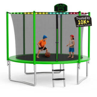 KOFUN 1000LBS 10FT Trampoline with Light, Heavy Duty Trampoline for Kids and Adults, Backyard Trampoline with Safety Enclosure Net, Basketball Hoop, 3 Anchor Kits, Ladder, A Ball, Green