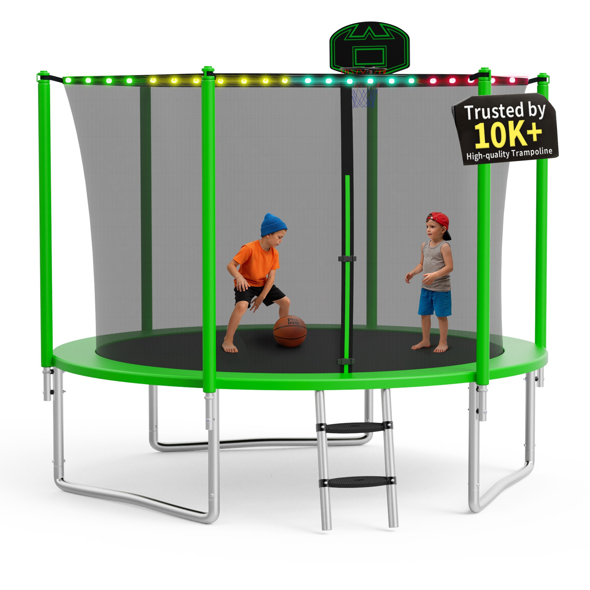 KOFUN 1000LBS 10FT Trampoline with Light, Heavy Duty Trampoline for Kids and Adults, Backyard Trampoline with Safety Enclosure Net, Basketball Hoop, 3 Anchor Kits, Ladder, A Ball, Green