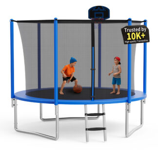 KOFUN 1000LBS 10FT Trampoline for Kids and Adults Outdoor Backyard Trampoline with Safety Enclosure Net, Basketball Hoop, 3 Anchor Kits, Ladder, A Ball, Blue
