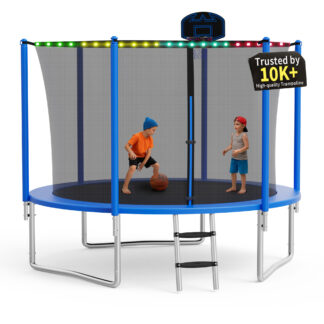 KOFUN 1000LBS 10FT Trampoline with Light, Heavy Duty Trampoline for Kids and Adults, Backyard Trampoline with Safety Enclosure Net, Basketball Hoop, 3 Anchor Kits, Ladder, A Ball, Blue