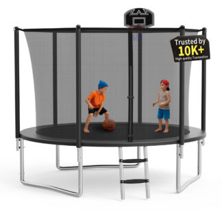 KOFUN 1000LBS 10FT Trampoline for Kids and Adults Outdoor Backyard Trampoline with Safety Enclosure Net, Basketball Hoop, 3 Anchor Kits, Ladder, A Ball, Black