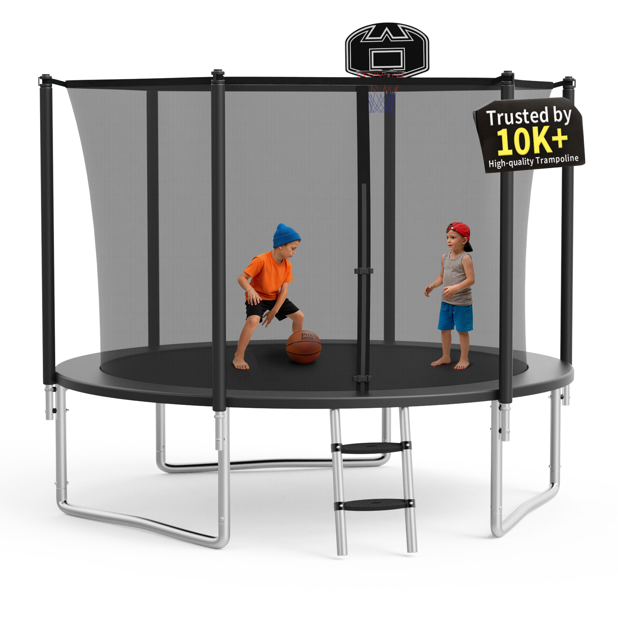KOFUN 1000LBS 10FT Trampoline for Kids and Adults Outdoor Backyard Trampoline with Safety Enclosure Net, Basketball Hoop, 3 Anchor Kits, Ladder, A Ball, Black