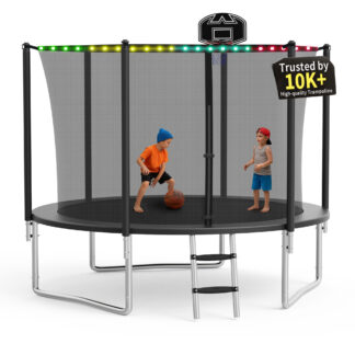 KOFUN 1000LBS 10FT Trampoline with Light, Heavy Duty Trampoline for Kids and Adults, Backyard Trampoline with Safety Enclosure Net, Basketball Hoop, 3 Anchor Kits, Ladder, A Ball, Black