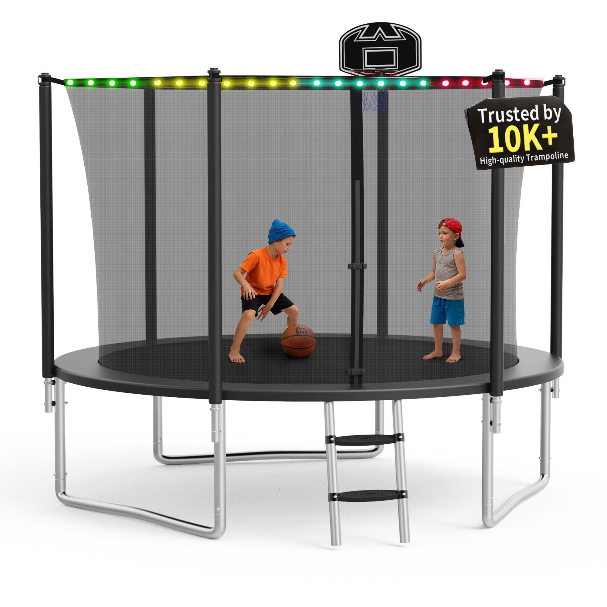 KOFUN 1000LBS 10FT Trampoline with Light, Heavy Duty Trampoline for Kids and Adults, Backyard Trampoline with Safety Enclosure Net, Basketball Hoop, 3 Anchor Kits, Ladder, A Ball, Black