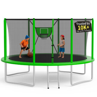 KOFUN Trampoline 12FT with Basketball Hoop for Kids and Adults, Capacity 1200LBS, Outdoor Backyard Trampoline with Enclosure Net, Ladder, Green