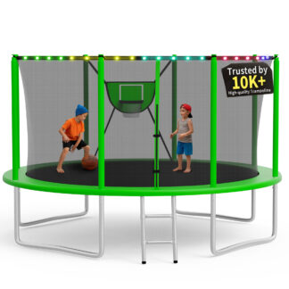 KOFUN Trampoline 12FT with Basketball Hoop for Kids and Adults, Capacity 1200LBS, Outdoor Backyard Trampoline with Enclosure Net, Ladder, Light, Green
