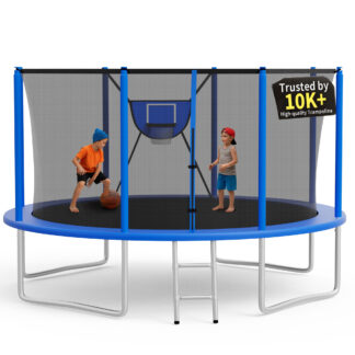 KOFUN Trampoline 12FT with Basketball Hoop for Kids and Adults, Capacity 1200LBS, Outdoor Backyard Trampoline with Enclosure Net, Ladder, Blue
