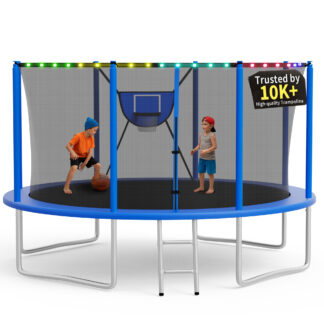 KOFUN Trampoline 12FT with Basketball Hoop for Kids and Adults, Capacity 1200LBS, Outdoor Backyard Trampoline with Enclosure Net, Ladder, Light, Blue