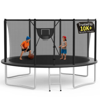 KOFUN Trampoline 12FT with Basketball Hoop for Kids and Adults, Capacity 1200LBS, Outdoor Backyard Trampoline with Enclosure Net, Ladder, Black