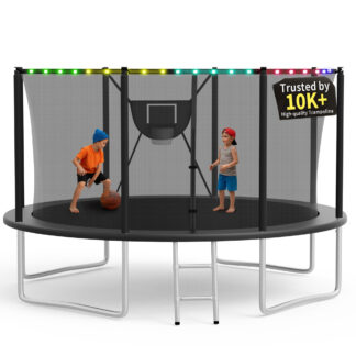 KOFUN Trampoline 12FT with Basketball Hoop for Kids and Adults, Capacity 1200LBS, Outdoor Backyard Trampoline with Enclosure Net, Ladder, Light, Black