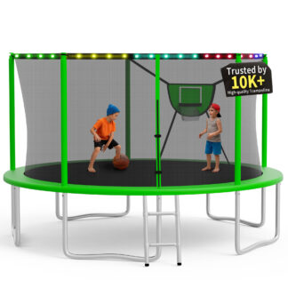 KOFUN Trampoline 14FT with Basketball Hoop for Kids and Adults, Capacity 1400LBS, Outdoor Backyard Trampoline with Enclosure Net, Ladder, Light, Green