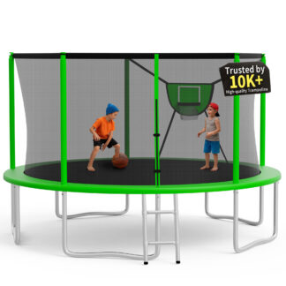 KOFUN Trampoline 14FT with Basketball Hoop for Kids and Adults, Capacity 1400LBS, Outdoor Backyard Trampoline with Enclosure Net, Ladder, Green
