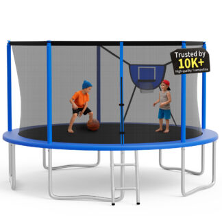 KOFUN Trampoline 14FT with Basketball Hoop for Kids and Adults, Capacity 1400LBS, Outdoor Backyard Trampoline with Enclosure Net, Ladder, Blue