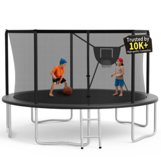 KOFUN Trampoline 14FT with Basketball Hoop for Kids and Adults, Capacity 1400LBS, Outdoor Backyard Trampoline with Enclosure Net, Ladder, Black