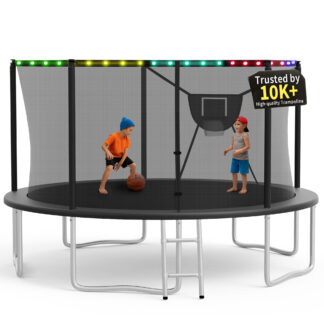 KOFUN Trampoline 14FT with Basketball Hoop for Kids and Adults, Capacity 1400LBS, Outdoor Backyard Trampoline with Enclosure Net, Ladder, Light, Black