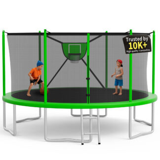 KOFUN Trampoline 16FT with Basketball Hoop for Kids and Adults, Capacity 1500LBS, Outdoor Backyard Trampoline with Enclosure Net, Ladder, Green
