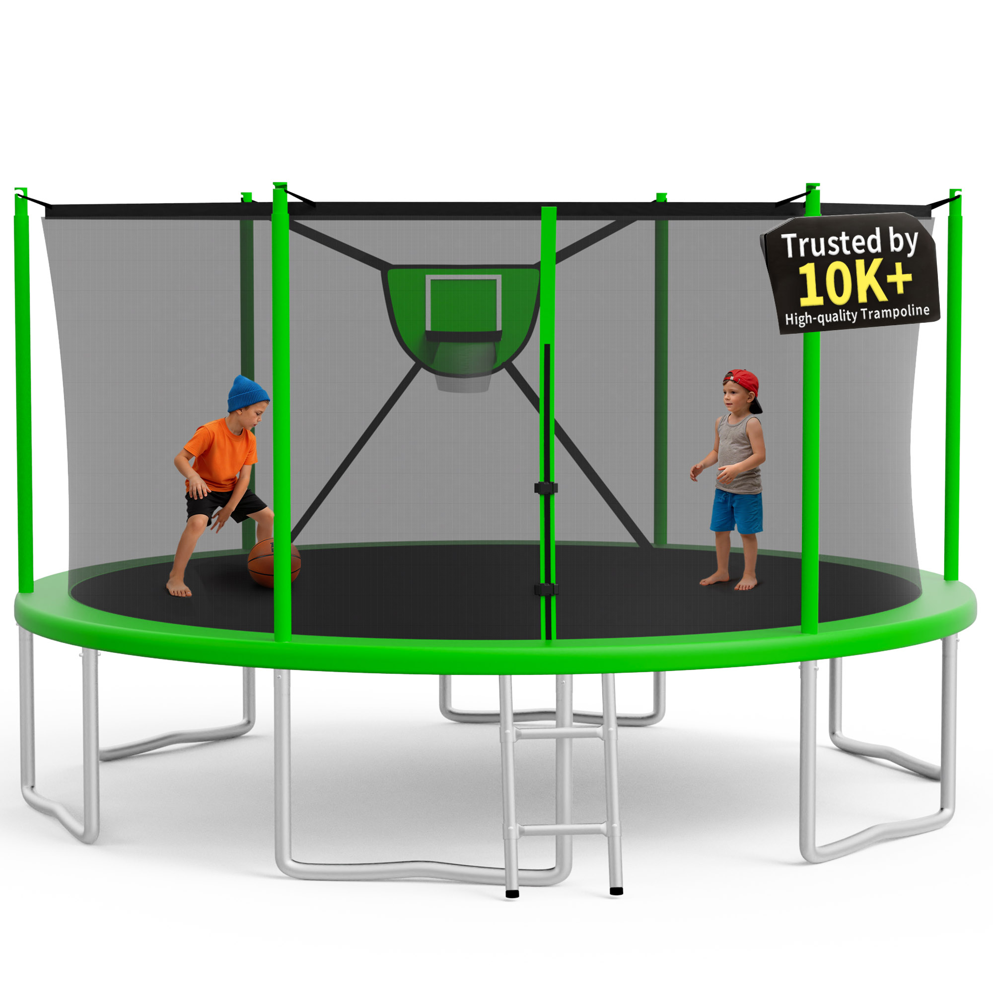 KOFUN Trampoline 16FT with Basketball Hoop for Kids and Adults, Capacity 1500LBS, Outdoor Backyard Trampoline with Enclosure Net, Ladder, Green