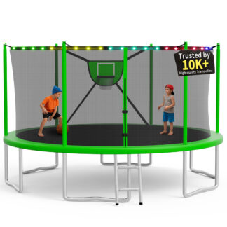KOFUN Trampoline 16FT with Basketball Hoop for Kids and Adults, Capacity 1500LBS, Outdoor Backyard Trampoline with Enclosure Net, Ladder, Light, Green