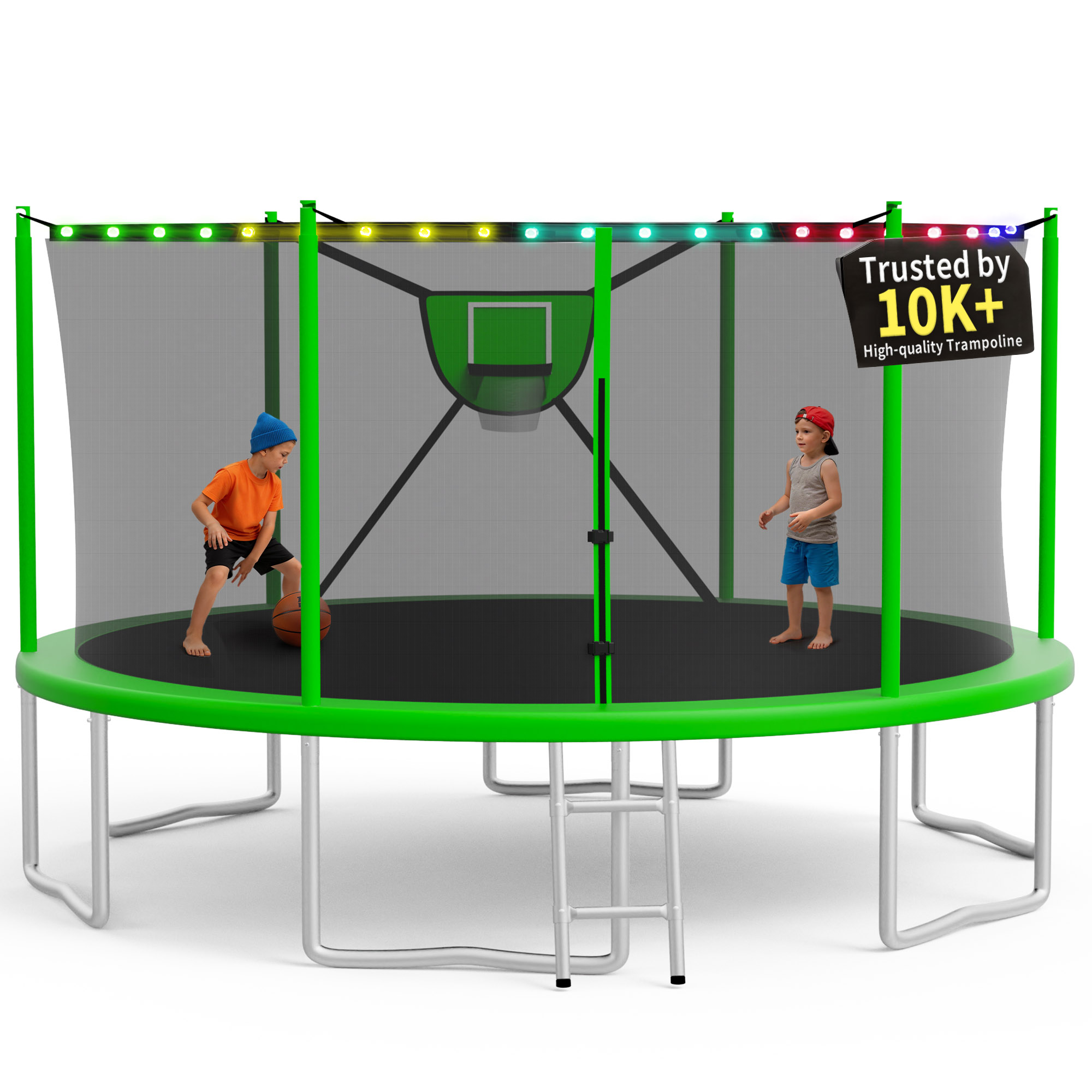 KOFUN Trampoline 16FT with Basketball Hoop for Kids and Adults, Capacity 1500LBS, Outdoor Backyard Trampoline with Enclosure Net, Ladder, Light, Green