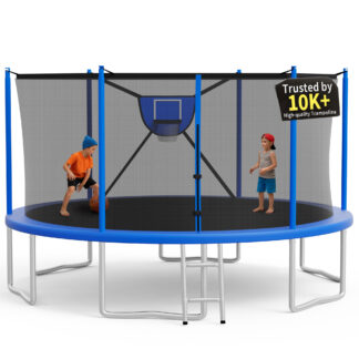 KOFUN Trampoline 16FT with Basketball Hoop for Kids and Adults, Capacity 1500LBS, Outdoor Backyard Trampoline with Enclosure Net, Ladder, Blue