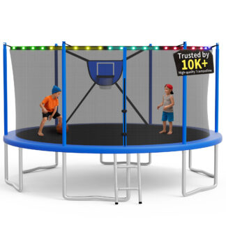 KOFUN Trampoline 16FT with Basketball Hoop for Kids and Adults, Capacity 1500LBS, Outdoor Backyard Trampoline with Enclosure Net, Ladder, Light, Blue
