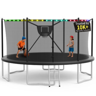 KOFUN Trampoline 16FT with Basketball Hoop for Kids and Adults, Capacity 1500LBS, Outdoor Backyard Trampoline with Enclosure Net, Ladder, Light, Black