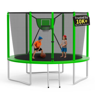 KOFUN Trampoline 10FT with Basketball Hoop for Kids and Adults, Capacity 1000LBS, Outdoor Backyard Trampoline with Enclosure Net, Ladder, Green