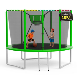KOFUN Trampoline 10FT with Basketball Hoop for Kids and Adults, Capacity 1000LBS, Outdoor Backyard Trampoline with Enclosure Net, Ladder, Light, Green