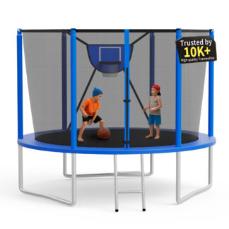 KOFUN Trampoline 10FT with Basketball Hoop for Kids and Adults, Capacity 1000LBS, Outdoor Backyard Trampoline with Enclosure Net, Ladder, Blue