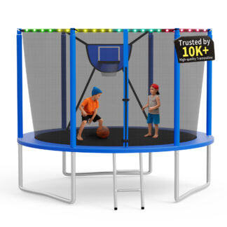 KOFUN Trampoline 10FT with Basketball Hoop for Kids and Adults, Capacity 1000LBS, Outdoor Backyard Trampoline with Enclosure Net, Ladder, Light, Blue