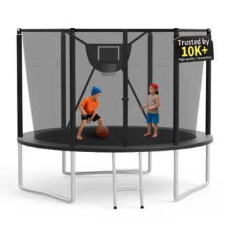 KOFUN Trampoline 10FT with Basketball Hoop for Kids and Adults, Capacity 1000LBS, Outdoor Backyard Trampoline with Enclosure Net, Ladder, Black