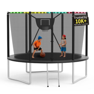 KOFUN Trampoline 10FT with Basketball Hoop for Kids and Adults, Capacity 1000LBS, Outdoor Backyard Trampoline with Enclosure Net, Ladder, Light, Black