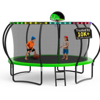 KOFUN Trampoline, 12FT 1200LBS Trampoline for 1-2 Adults and 3-4 Kids, Curved Pole Trampoline with Enclosure Net, Light, Basketball Hoop, Backyard Outdoor Recreational 12FT Trampoline