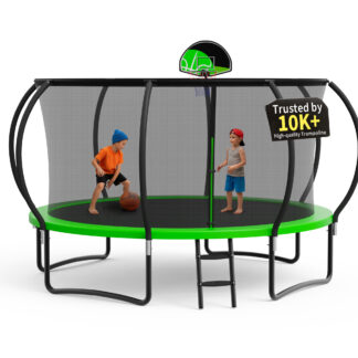 KOFUN Trampoline, 12FT 1200LBS Trampoline for 1-2 Adults and 3-4 Kids, Curved Pole Trampoline with Enclosure Net, Basketball Hoop, Backyard Outdoor Recreational 12FT Trampoline