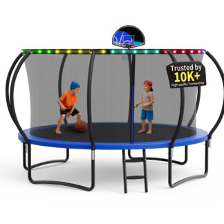 KOFUN Trampoline, 12FT 1200LBS Trampoline for 1-2 Adults and 3-4 Kids, Curved Pole Trampoline with Enclosure Net, Light, Basketball Hoop, Backyard Outdoor Recreational 12FT Trampoline