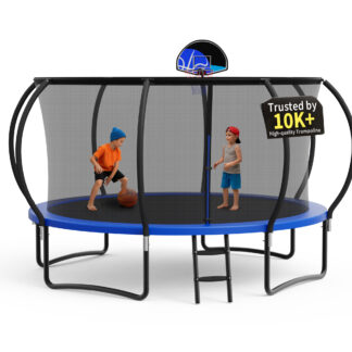 KOFUN Trampoline, 12FT 1200LBS Trampoline for 1-2 Adults and 3-4 Kids, Curved Pole Trampoline with Enclosure Net, Basketball Hoop, Backyard Outdoor Recreational 12FT Trampoline