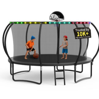 KOFUN Trampoline, 12FT 1200LBS Trampoline for 1-2 Adults and 3-4 Kids, Curved Pole Trampoline with Enclosure Net, Light, Basketball Hoop, Backyard Outdoor Recreational 12FT Trampoline