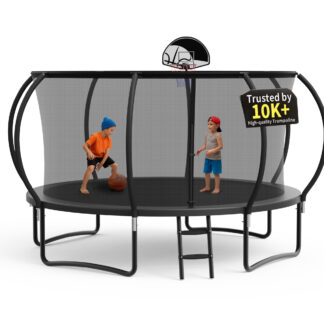 KOFUN Trampoline, 12FT 1200LBS Trampoline for 1-2 Adults and 3-4 Kids, Curved Pole Trampoline with Enclosure Net, Basketball Hoop, Backyard Outdoor Recreational 12FT Trampoline