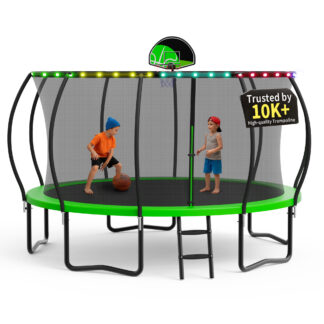 KOFUN Trampoline, 14FT Trampoline for Kids and Adult, Trampoline with Safety Enclosure Net, Light, Ladder, Basketball Hoop, Outdoor Trampoline, 1400LBS Weight Capacity, No Gap Design