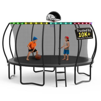 KOFUN Trampoline, 14FT Trampoline for Kids and Adult, Trampoline with Safety Enclosure Net, Light, Ladder, Basketball Hoop, Outdoor Trampoline, 1400LBS Weight Capacity, No Gap Design